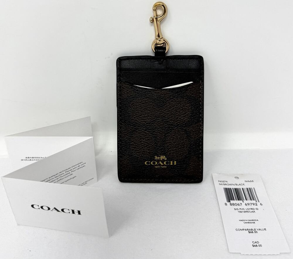 Coach F63274 Signature ID Lanyard Badge Card Holder Brown Black Gold NWT